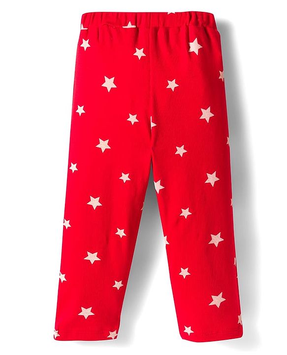 Babyhug Cotton Knit Full Sleeves Co-ords Night Suit With Star Print - Red