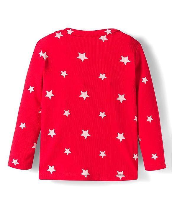 Babyhug Cotton Knit Full Sleeves Co-ords Night Suit With Star Print - Red