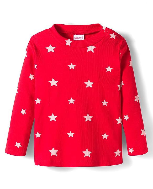 Babyhug Cotton Knit Full Sleeves Co-ords Night Suit With Star Print - Red