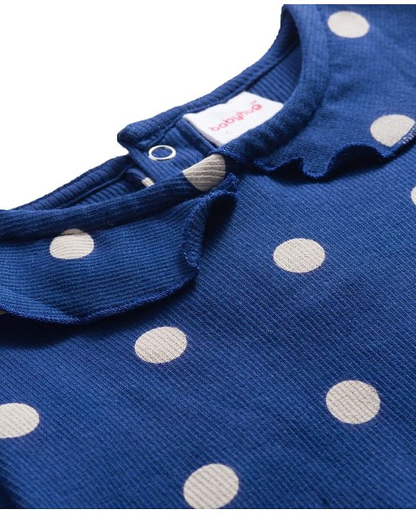 Babyhug Cotton Knit Full Sleeves Winter Wear Co-ords Night Suit With Polka Dot Print - Navy Blue