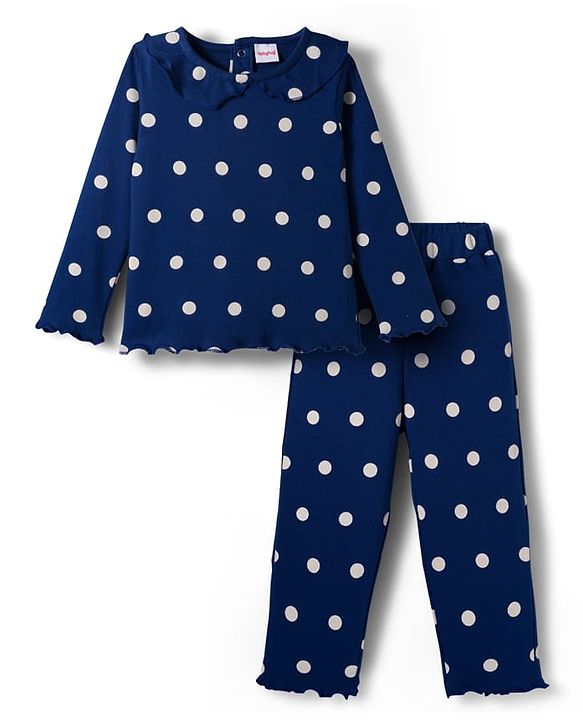 Babyhug Cotton Knit Full Sleeves Winter Wear Co-ords Night Suit With Polka Dot Print - Navy Blue