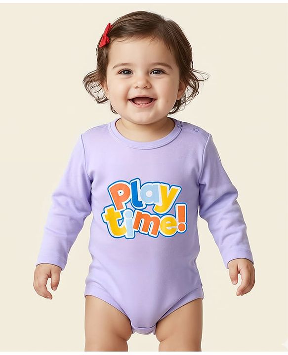 Babyhug 100% Cotton Knit Full Sleeves Onesie With Play Time Text Print - Purple