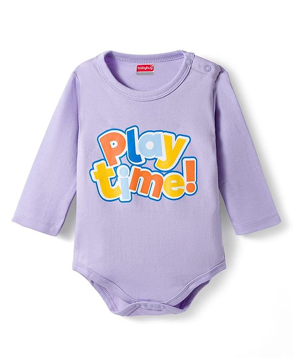 Babyhug 100% Cotton Knit Full Sleeves Onesie With Play Time Text Print - Purple
