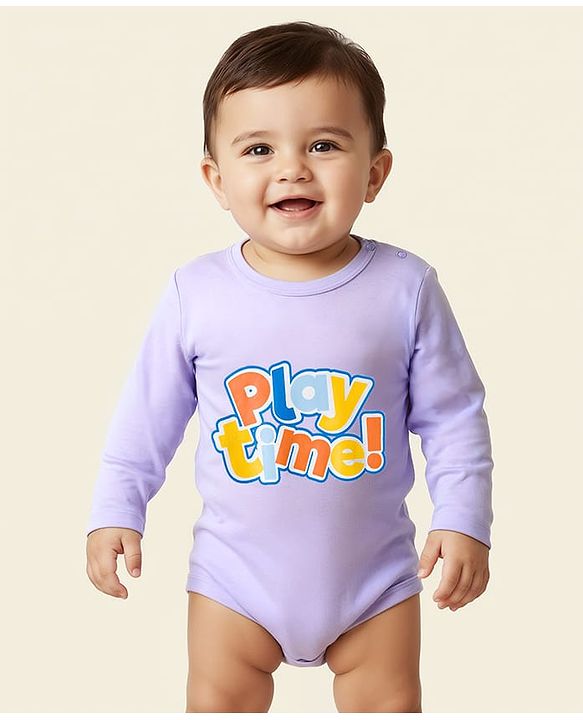 Babyhug 100% Cotton Knit Full Sleeves Onesie With Play Time Text Print - Purple