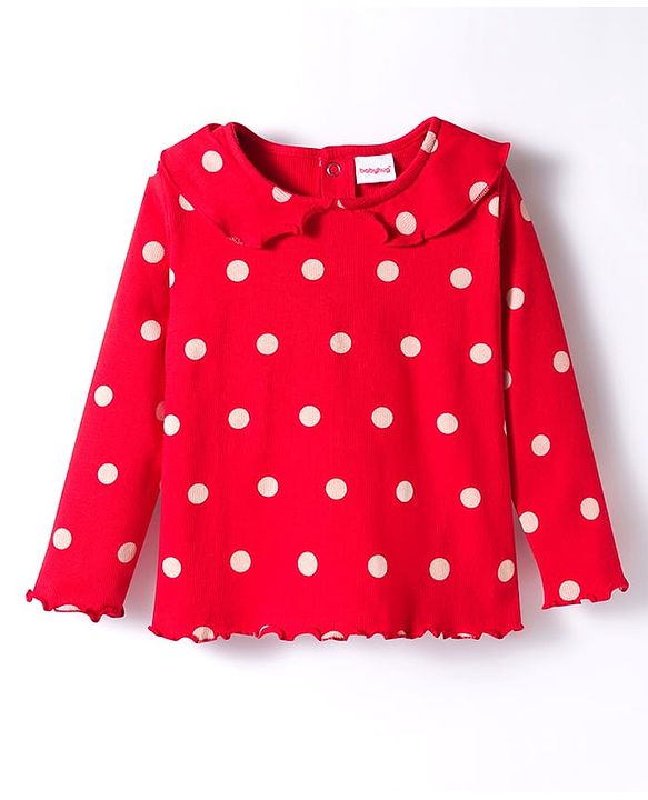 Babyhug Cotton Knit Full Sleeves Peter Pan Collar Co-ords Night Suit With Polka Dots Print - Red