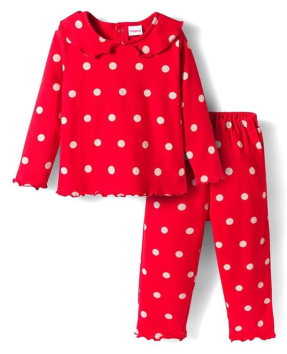 Babyhug Cotton Knit Full Sleeves Peter Pan Collar Co-ords Night Suit With Polka Dots Print - Red