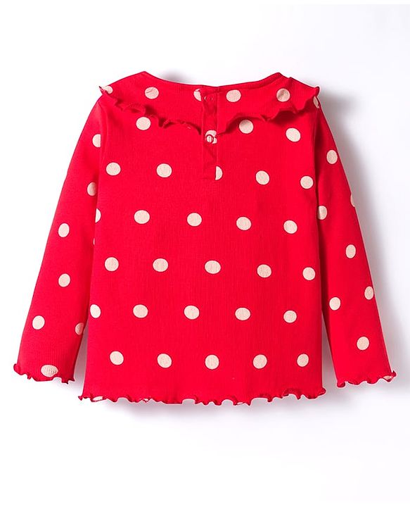 Babyhug Cotton Knit Full Sleeves Peter Pan Collar Co-ords Night Suit With Polka Dots Print - Red