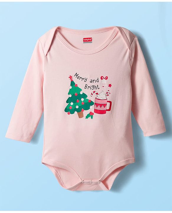 Babyhug 100% Cotton Interlock Knit Full Sleeves Onesie with Hairband & Christmas Print - Pink