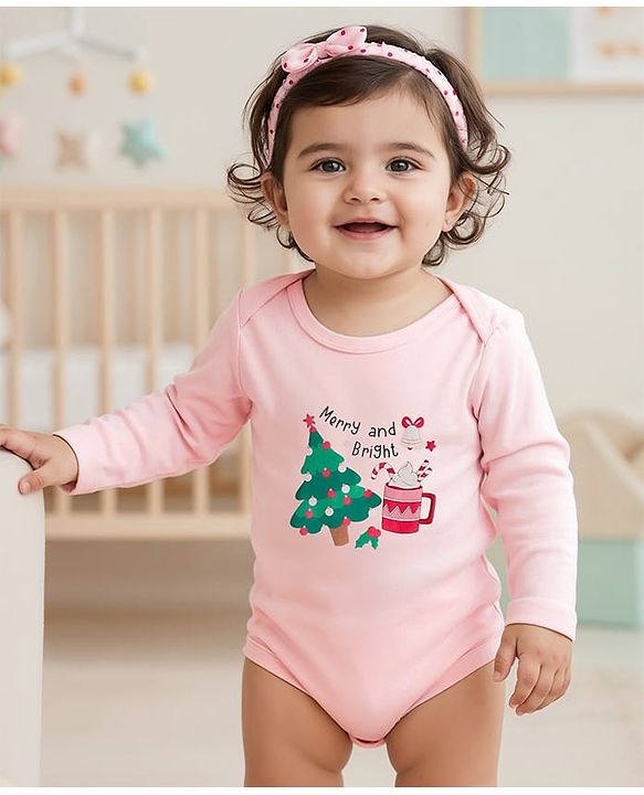 Babyhug 100% Cotton Interlock Knit Full Sleeves Onesie with Hairband & Christmas Print - Pink