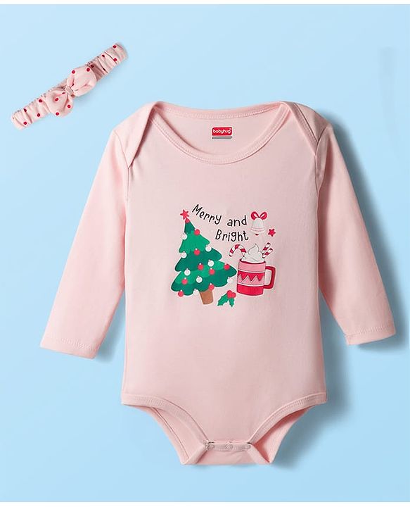 Babyhug 100% Cotton Interlock Knit Full Sleeves Onesie with Hairband & Christmas Print - Pink