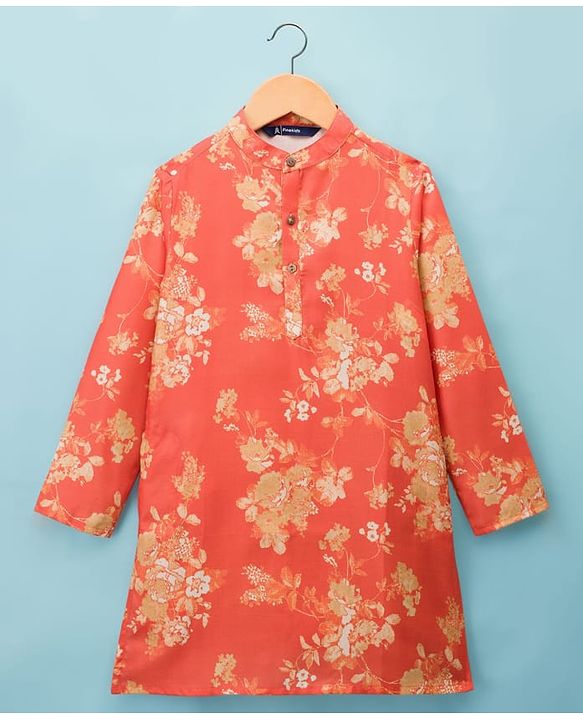 Pine Kids Woven Full Sleeves Kurta Pyjama Set With Floral Print - Orange