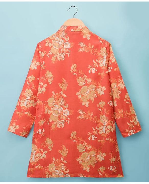 Pine Kids Woven Full Sleeves Kurta Pyjama Set With Floral Print - Orange