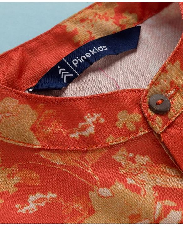 Pine Kids Woven Full Sleeves Kurta Pyjama Set With Floral Print - Orange
