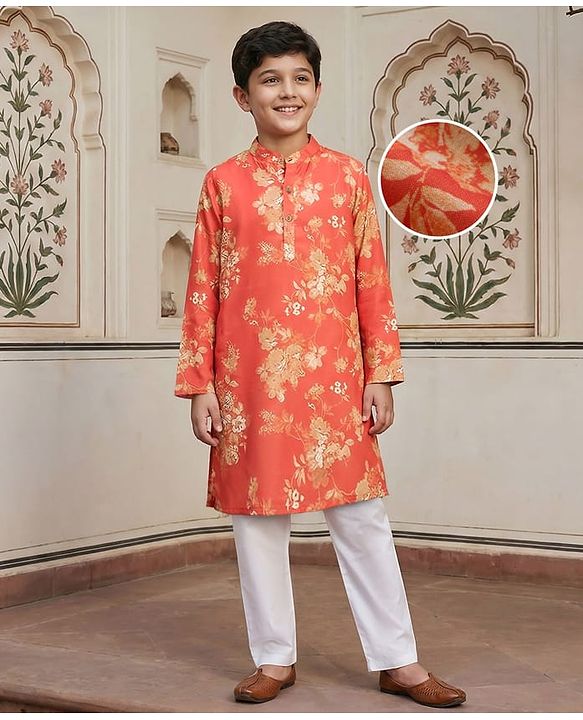 Pine Kids Woven Full Sleeves Kurta Pyjama Set With Floral Print - Orange