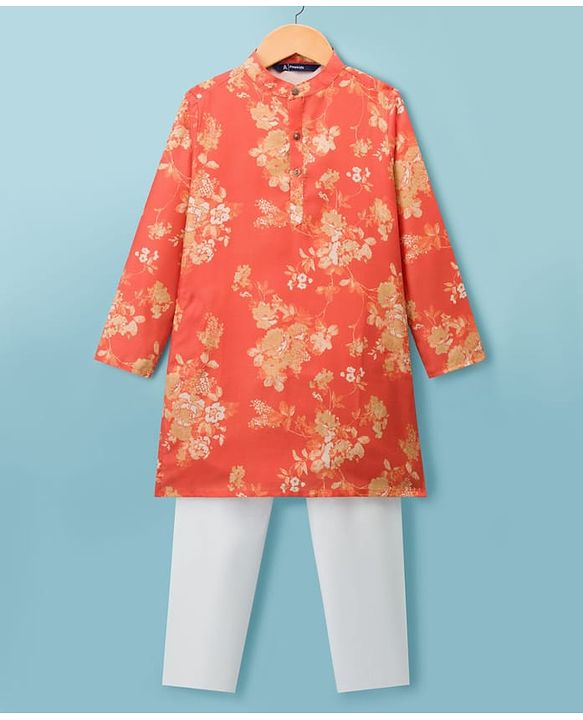 Pine Kids Woven Full Sleeves Kurta Pyjama Set With Floral Print - Orange