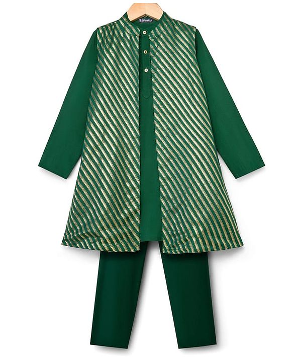 Pine Kids Woven Full Sleeves Kurta Pajama & Jacket Set with Stripes - Green
