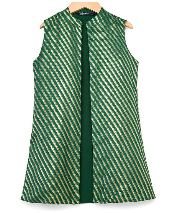 Pine Kids Woven Full Sleeves Kurta Pajama & Jacket Set with Stripes - Green