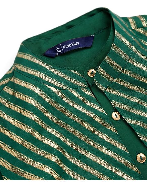 Pine Kids Woven Full Sleeves Kurta Pajama & Jacket Set with Stripes - Green