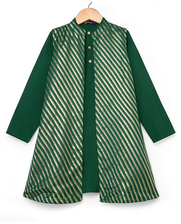 Pine Kids Woven Full Sleeves Kurta Pajama & Jacket Set with Stripes - Green