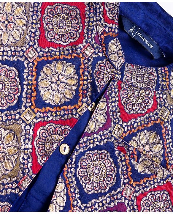 Pine Kids Woven Full Sleeves Kurta Pajama with Jacket & Motif Print - Navy Blue