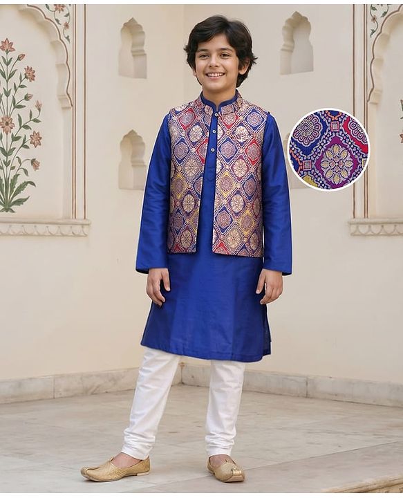Pine Kids Woven Full Sleeves Kurta Pajama with Jacket & Motif Print - Navy Blue