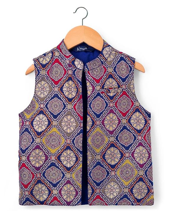 Pine Kids Woven Full Sleeves Kurta Pajama with Jacket & Motif Print - Navy Blue