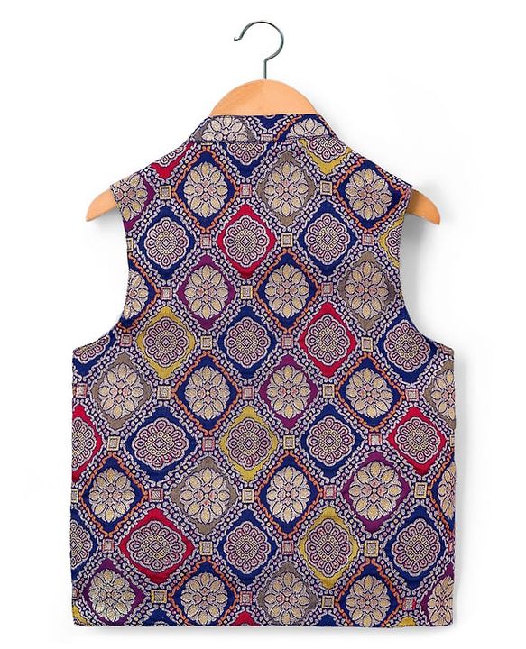 Pine Kids Woven Full Sleeves Kurta Pajama with Jacket & Motif Print - Navy Blue