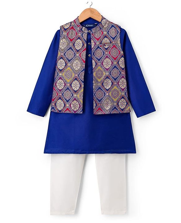 Pine Kids Woven Full Sleeves Kurta Pajama with Jacket & Motif Print - Navy Blue