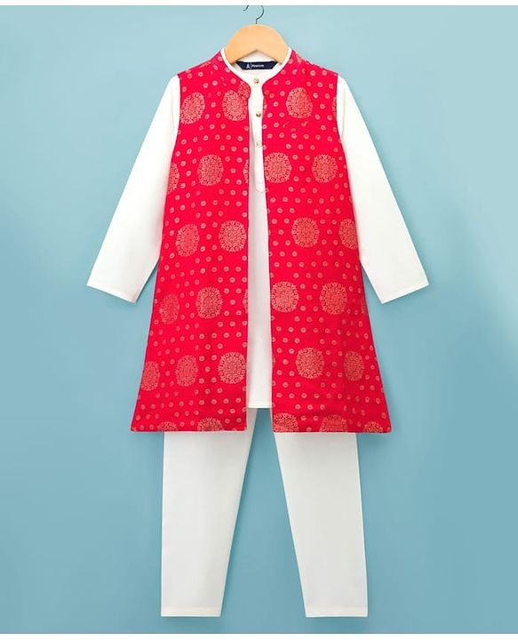 Pine Kids Woven Full Sleeves Kurta Pyjama Set With Foil Printed Nehru Jacket - Off White & Red