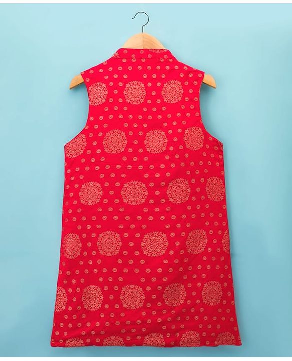 Pine Kids Woven Full Sleeves Kurta Pyjama Set With Foil Printed Nehru Jacket - Off White & Red