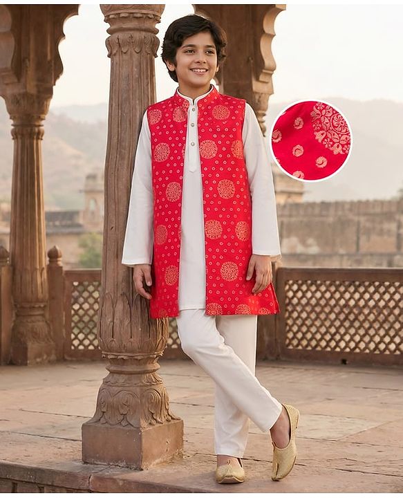 Pine Kids Woven Full Sleeves Kurta Pyjama Set With Foil Printed Nehru Jacket - Off White & Red