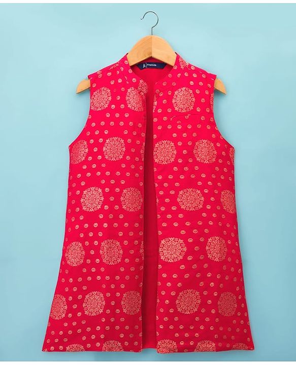 Pine Kids Woven Full Sleeves Kurta Pyjama Set With Foil Printed Nehru Jacket - Off White & Red