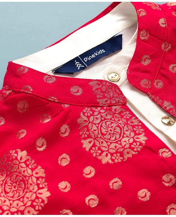 Pine Kids Woven Full Sleeves Kurta Pyjama Set With Foil Printed Nehru Jacket - Off White & Red