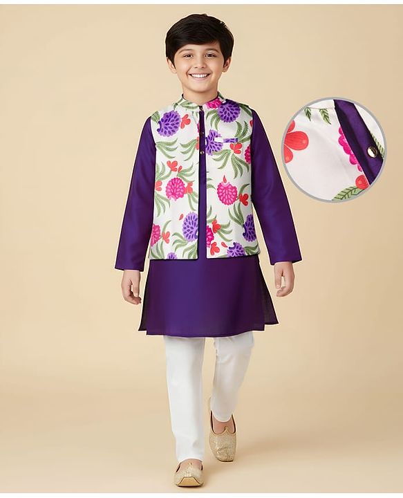 Pine Kids Woven Full Sleeves Kurta Pajama Set with Jacket & Tropical Theme Print - Purple