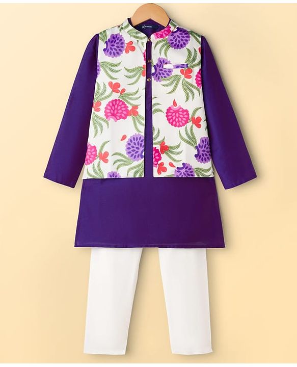 Pine Kids Woven Full Sleeves Kurta Pajama Set with Jacket & Tropical Theme Print - Purple