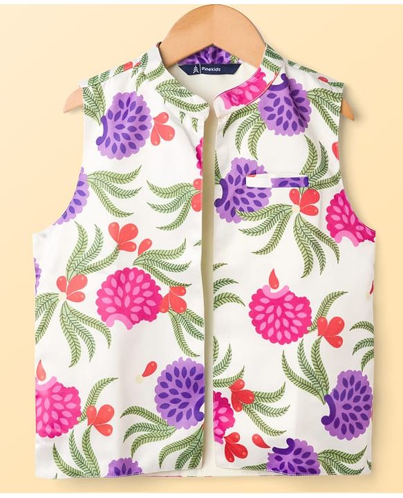 Pine Kids Woven Full Sleeves Kurta Pajama Set with Jacket & Tropical Theme Print - Purple