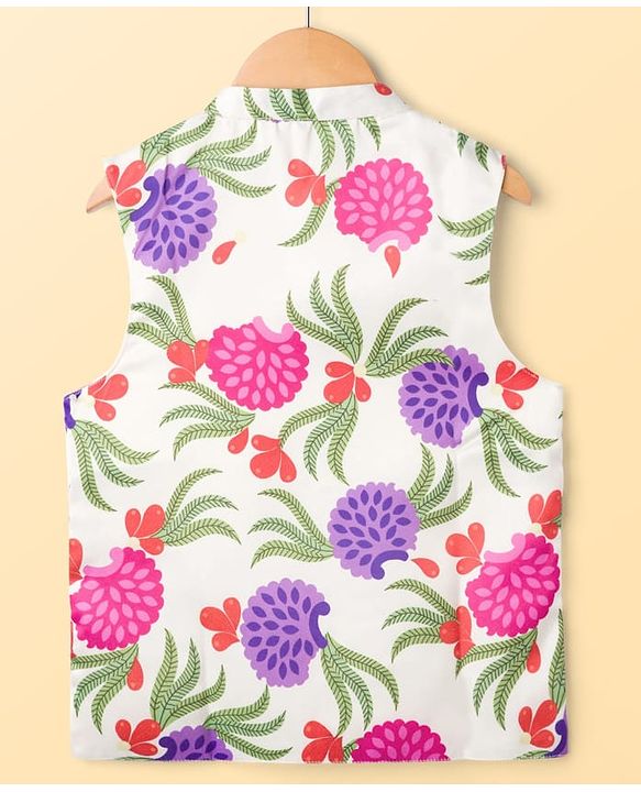 Pine Kids Woven Full Sleeves Kurta Pajama Set with Jacket & Tropical Theme Print - Purple