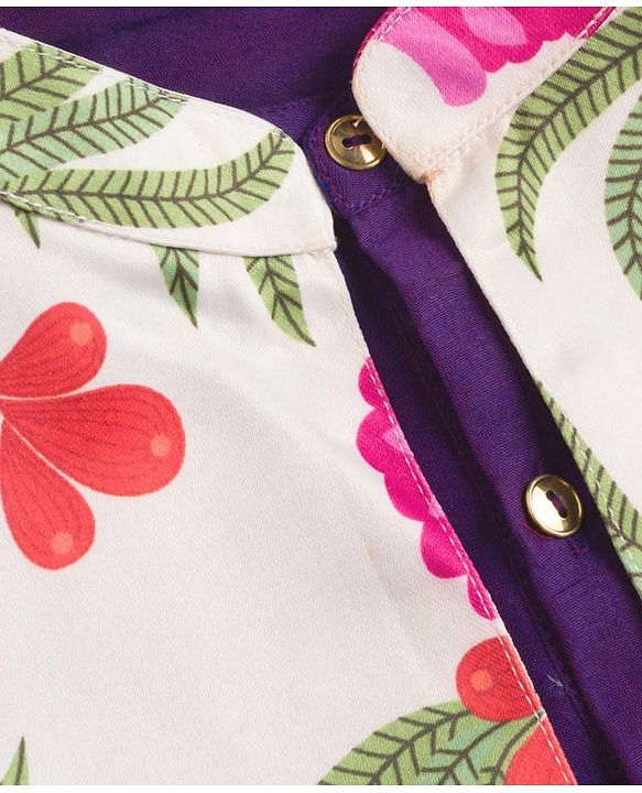 Pine Kids Woven Full Sleeves Kurta Pajama Set with Jacket & Tropical Theme Print - Purple
