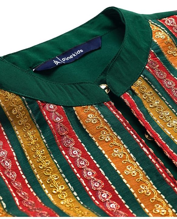 Pine Kids Woven Full Sleeves Kurta Pyjama Set With Embroidered Nehru Jacket - Green