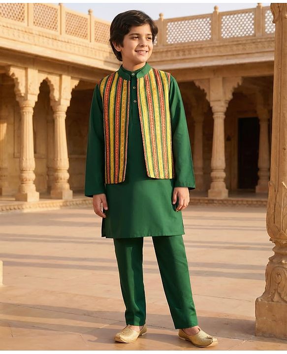 Pine Kids Woven Full Sleeves Kurta Pyjama Set With Embroidered Nehru Jacket - Green