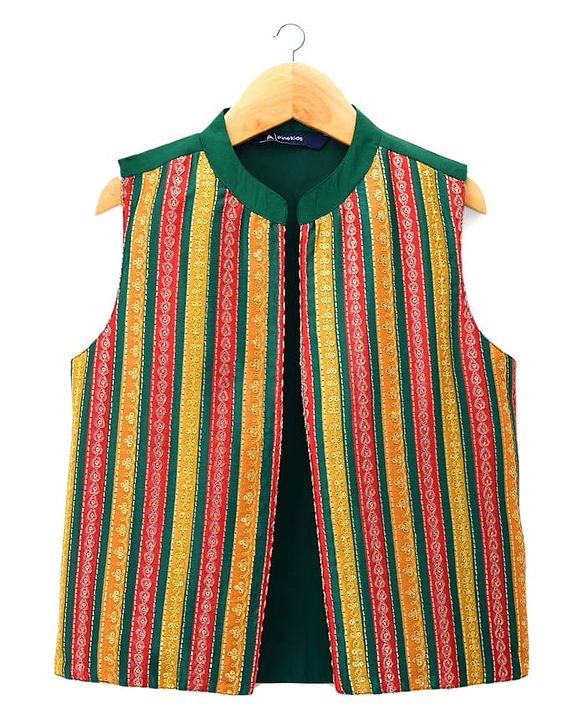 Pine Kids Woven Full Sleeves Kurta Pyjama Set With Embroidered Nehru Jacket - Green