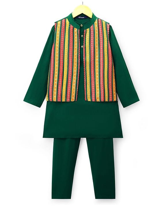 Pine Kids Woven Full Sleeves Kurta Pyjama Set With Embroidered Nehru Jacket - Green