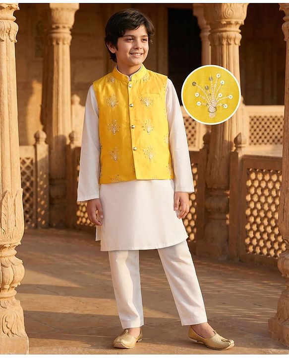 Pine Kids Woven Full Sleeves Kurta Pajama with Jacket Embroidery & Sequin Detailing - Off White & Yellow