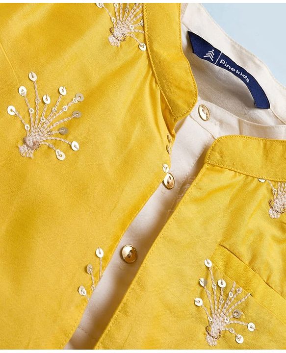 Pine Kids Woven Full Sleeves Kurta Pajama with Jacket Embroidery & Sequin Detailing - Off White & Yellow