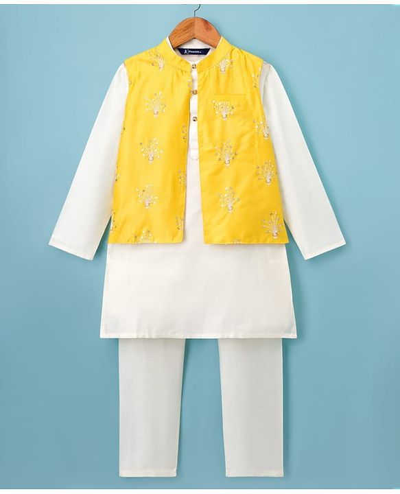 Pine Kids Woven Full Sleeves Kurta Pajama with Jacket Embroidery & Sequin Detailing - Off White & Yellow