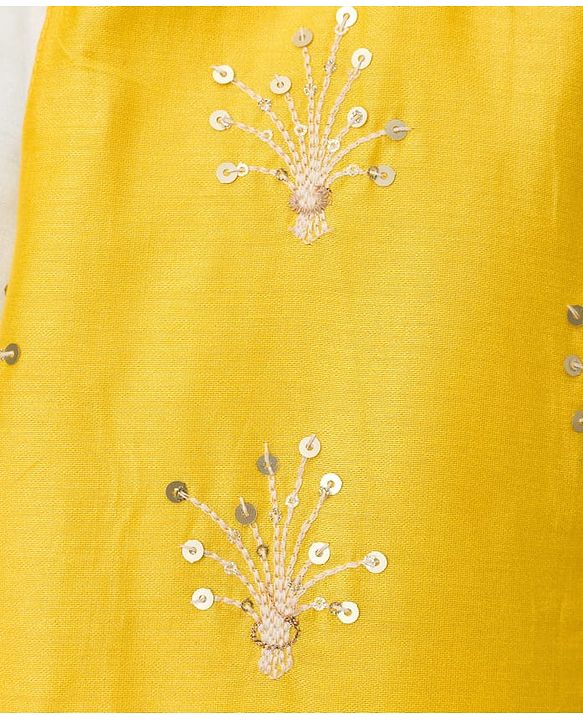Pine Kids Woven Full Sleeves Kurta Pajama with Jacket Embroidery & Sequin Detailing - Off White & Yellow