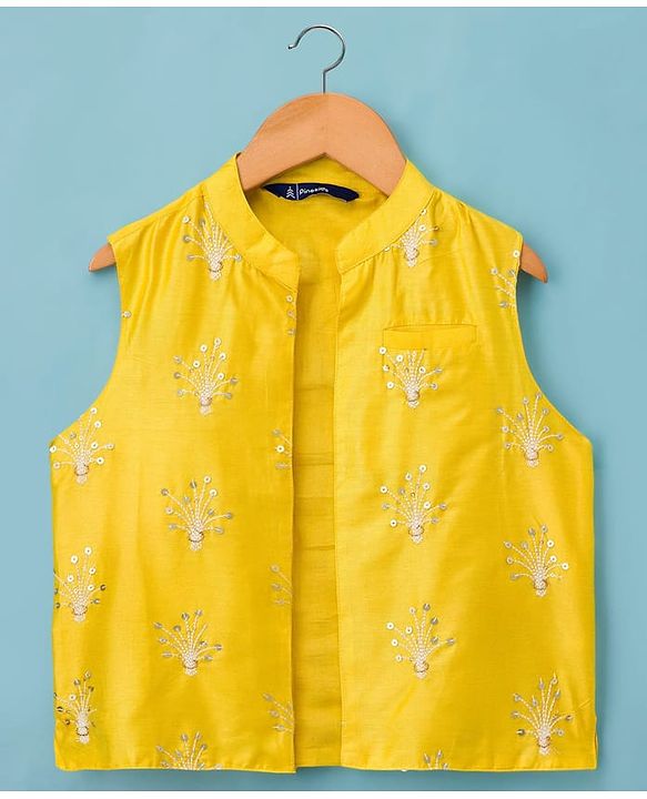 Pine Kids Woven Full Sleeves Kurta Pajama with Jacket Embroidery & Sequin Detailing - Off White & Yellow