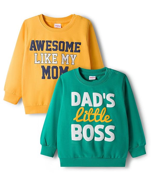 Babyhug Cotton Knit Full Sleeves Sweatshirts With Text Graphics Pack of 2 - Green & Yellow