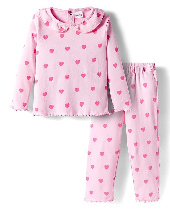 Babyhug Cotton Knit Full Length Co-ords Night Suit With Heart Print - Pink