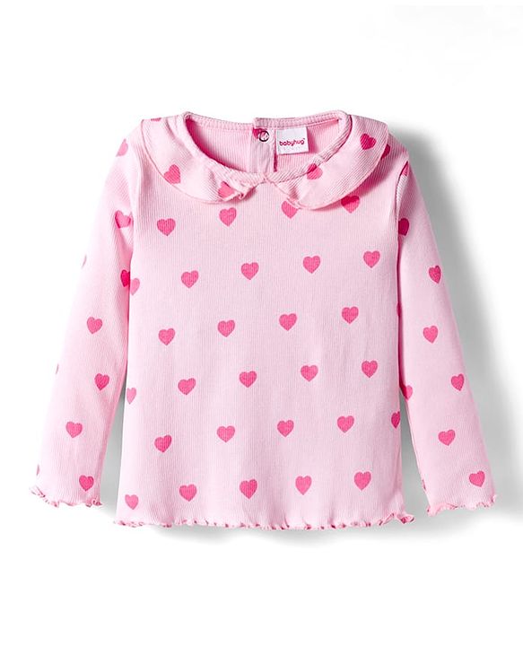 Babyhug Cotton Knit Full Length Co-ords Night Suit With Heart Print - Pink